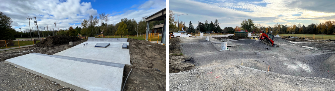 two photos of the construction of concrete skate park