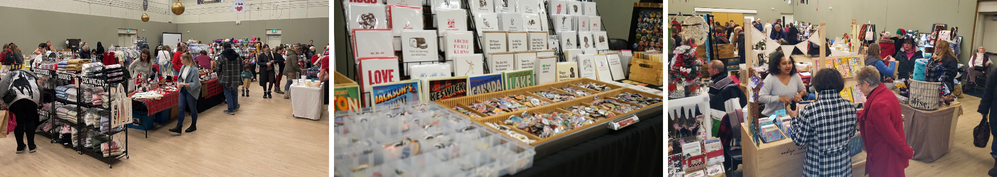 three images of a craft fair, left; wide shot with tables and people walking around, centre: close up of craft for sale, right: wide shot of two women talking to a vendor