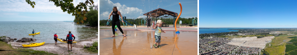 three images. left - three people with kayaks at the lake edge, middle - small child playing in splash pad with mother behind right - drone shot of the town of Georgina