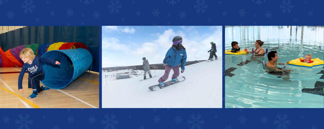 three photos, side by side, child in a gym, young person snowboarding and kids in a pool
